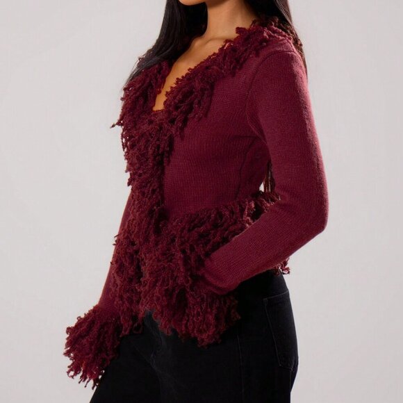 Burgundy Casual Women's Shaggy fringe detailed Knit Cardigan - Picture 3 of 6